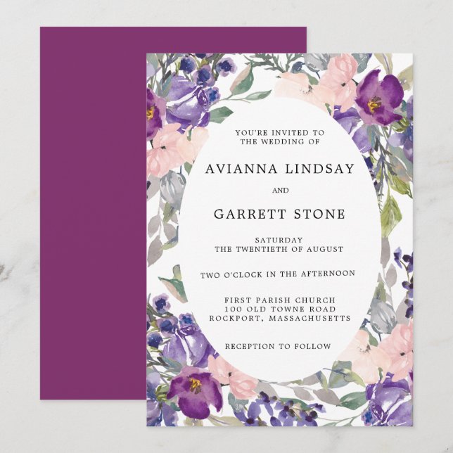 Invitation Élégant Mariage botanique rose violet (Devant / Derrière)