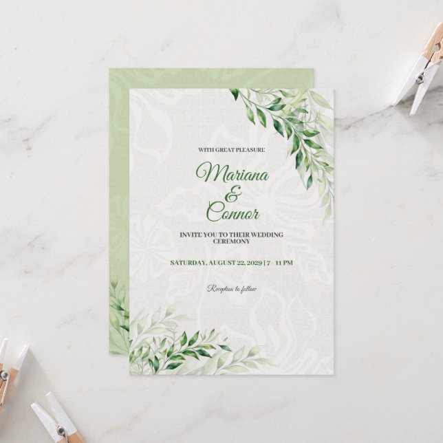 Invitation Élégant Mariage botanique vert (Devant/Arrière en situation)