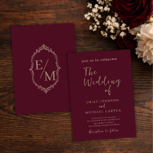 Invitation Élégant Mariage Bourgogne Luxe Monogramme Or