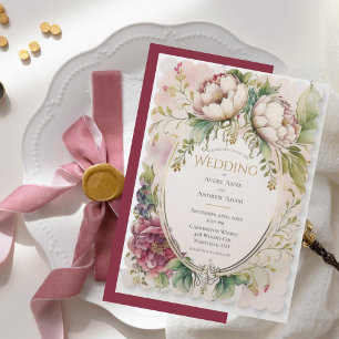 Invitation Élégant mariage burgundy à bords festonnés