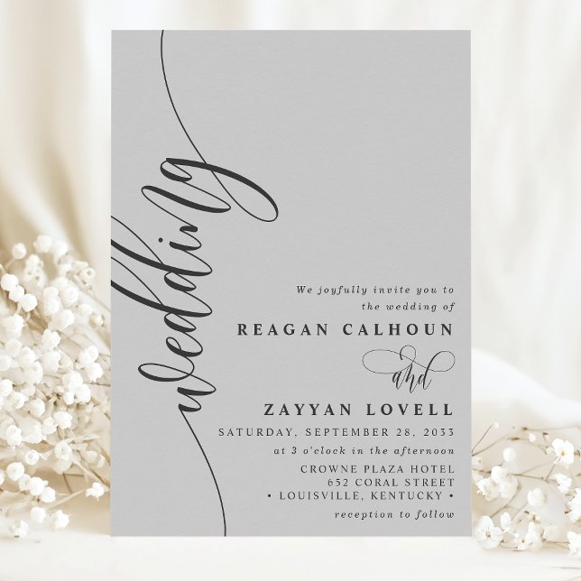 Invitation Élégant mariage calligraphie script gris doux (Créateur téléchargé)