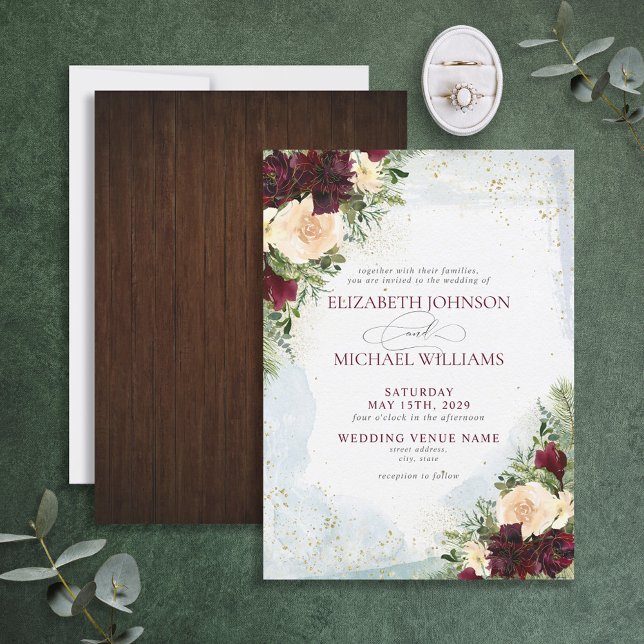 Invitation Élégant Mariage campagnard floral or Burgundy Blus (Créateur téléchargé)