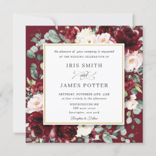 Invitation Élégant Mariage Carré Floral Bourgogne Rose Gold