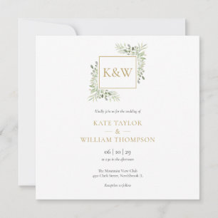 Invitation Élégant Mariage Carré Monogram Foliage