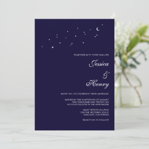 Invitation Élégant Mariage Céleste Écriture Bleu Minuit
