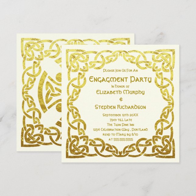Invitation Élégant Mariage celtique Or | Partie d'engagement (Devant / Derrière)