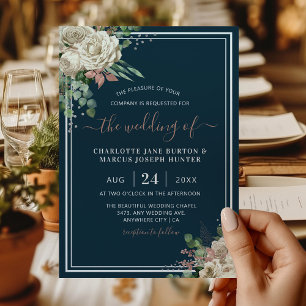 Invitation Élégant Mariage Chic Ivoire & Rose Floral Navy