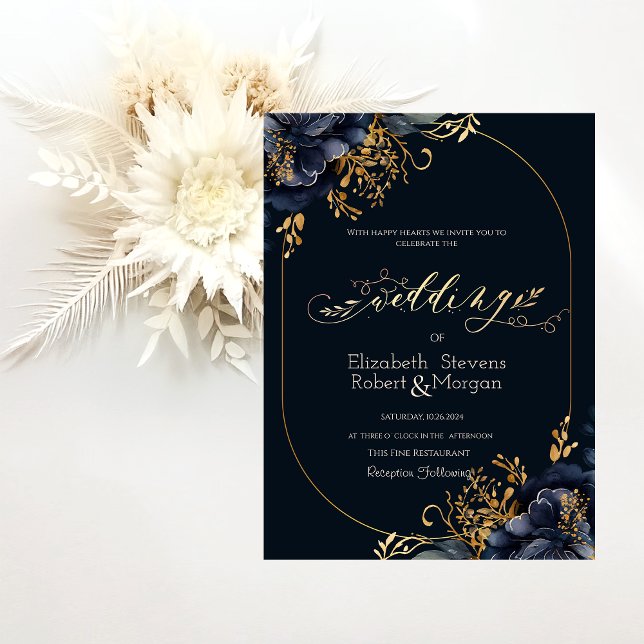 Invitation Élégant Mariage chic Navy Fleurs Bleues (Créateur téléchargé)