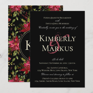 Invitation Elégant Mariage Claret Rouge Poinsettia Monogramme