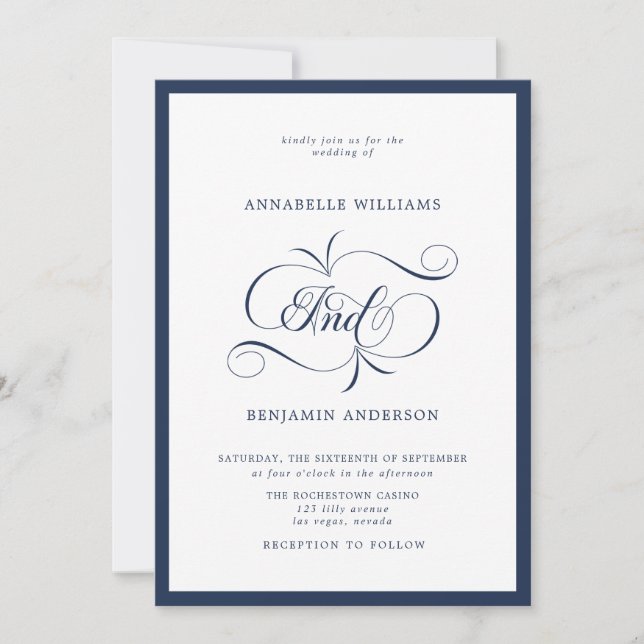 Invitation Élégant Mariage classique de marine et de blanc (Devant)
