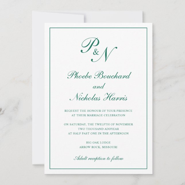 Invitation Élégant Mariage Classique Vert Émeraude (Devant)