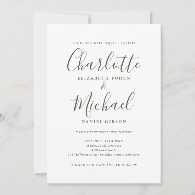 Invitation Élégant mariage code QR écriture Olive Green (Devant)