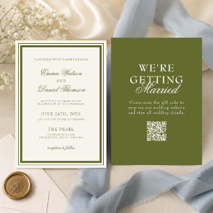 Invitation Élégant mariage code QR vert olive