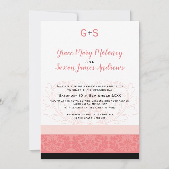 Invitation ÉLÉGANT MARIAGE corail fleuri détails monogramme (Devant)