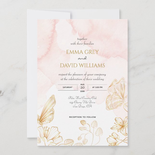 Invitation Elégant Mariage couleur or rose vif (Devant)