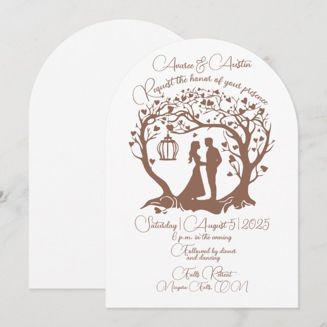Invitation Elégant Mariage Couple Tree encadré Brown (Devant / Derrière)