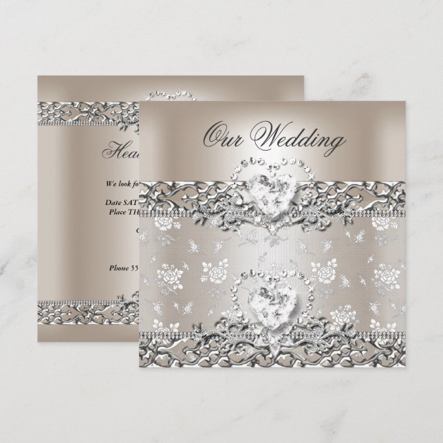Invitation Elégant mariage Crème Argent Coeur Diamant (Devant / Derrière)