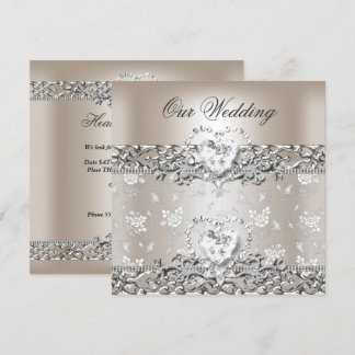 Invitation Elégant mariage Crème Argent Coeur Diamant