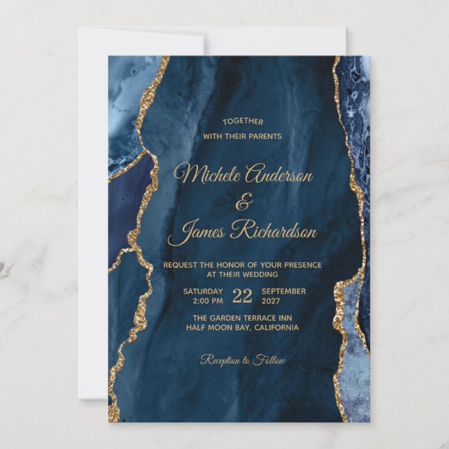 Invitation Élégant Mariage d'agate d'or bleu marine (Devant)