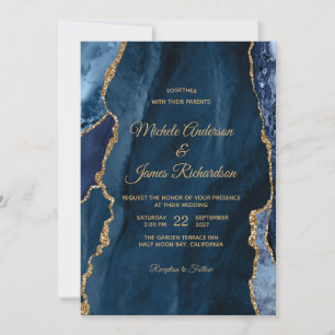 Invitation Élégant Mariage d'agate d'or bleu marine