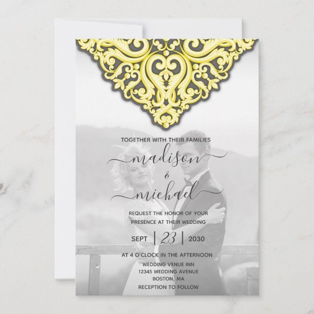 Invitation Elégant Mariage damassé gris jaune (Devant)