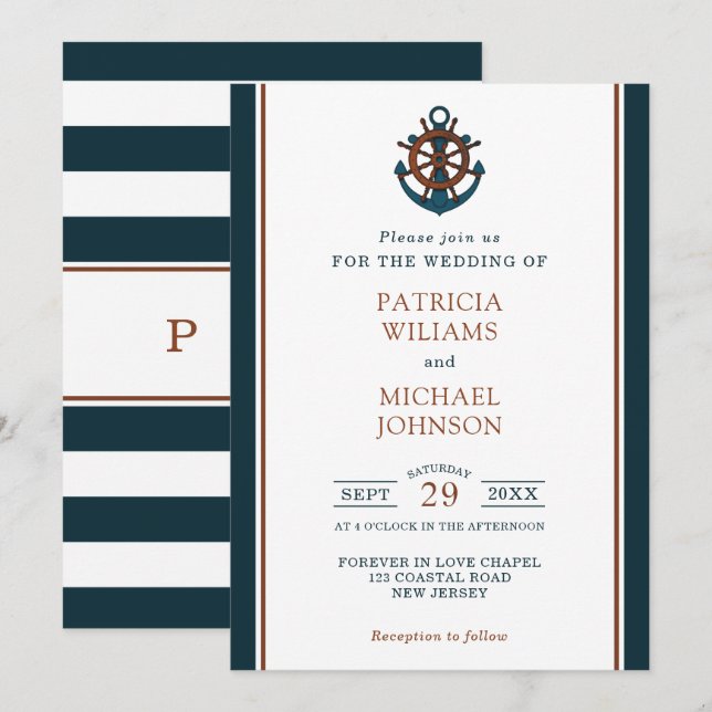 Invitation Élégant Mariage d'Ancres de la marine nautique (Devant / Derrière)