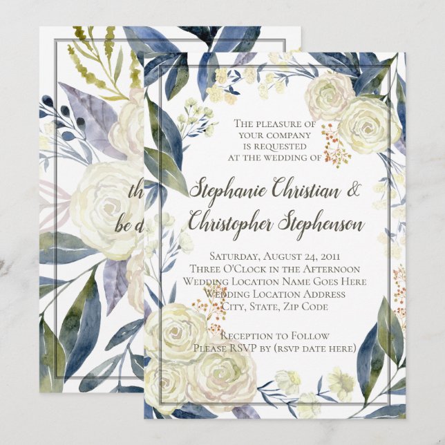 Invitation Elégant Mariage d'aquarelle bleu crème (Devant / Derrière)