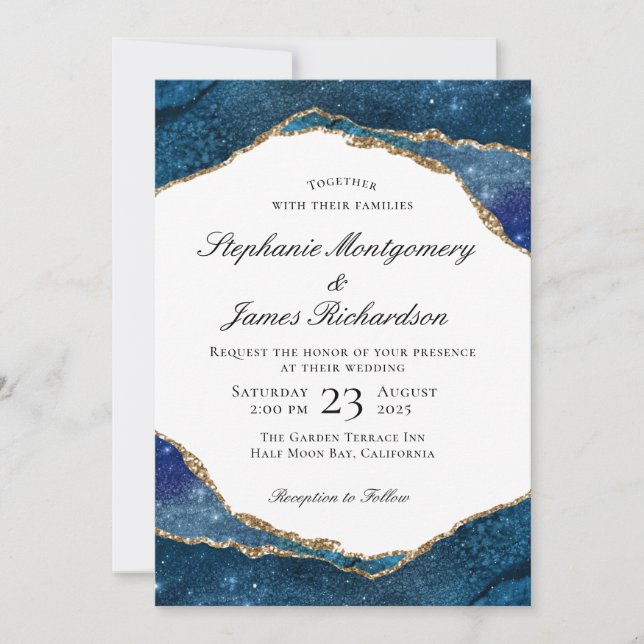 Invitation Elégant Mariage d'aquarelle couleur or bleu (Devant)