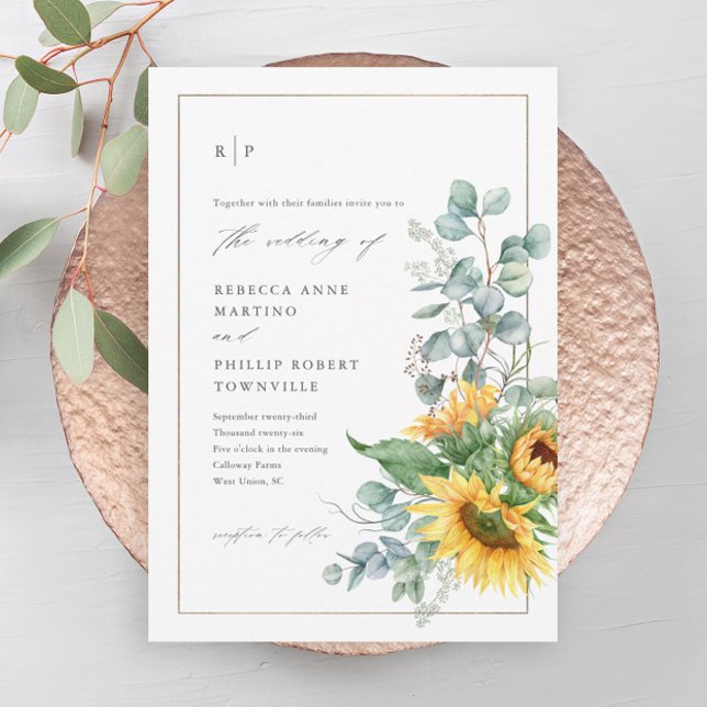Invitation Elégant Mariage d'aquarelle de tournesol Eucalyptu (An elegant sunflower eucalyptus greenery leaves wedding invitation.)