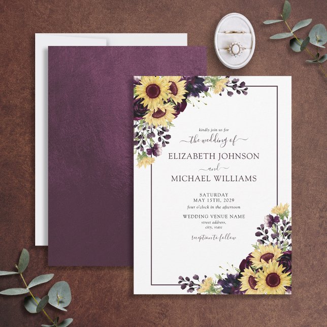 Invitation Élégant Mariage d'aquarelle de tournesol violet de (Créateur téléchargé)