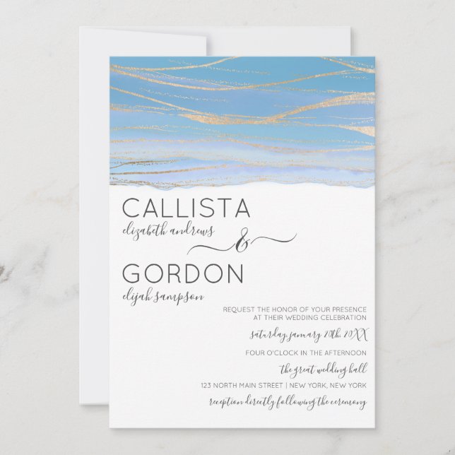 Invitation Elégant Mariage d'aquarelle doré bleu ciel (Devant)