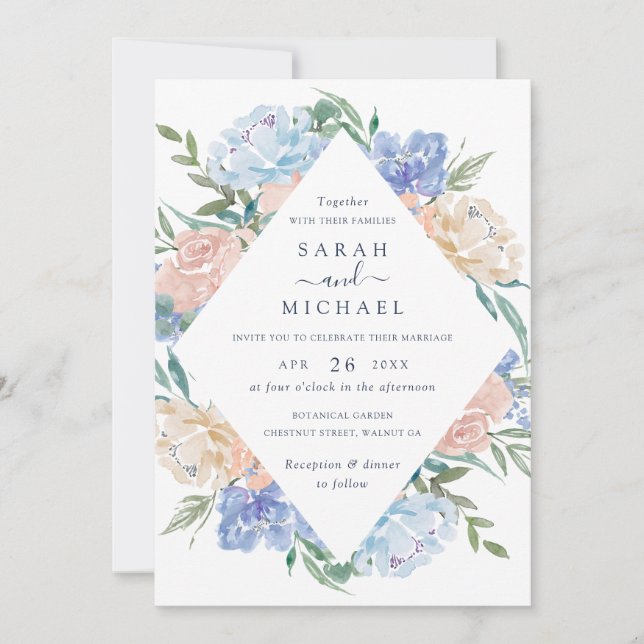 Invitation Elégant Mariage d'aquarelle floral Blue Blush Fram (Devant)