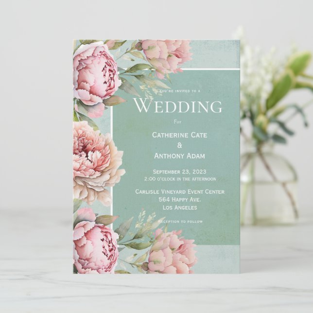Invitation Élégant Mariage d'aquarelle Floral Pink Peonies (Debout devant)