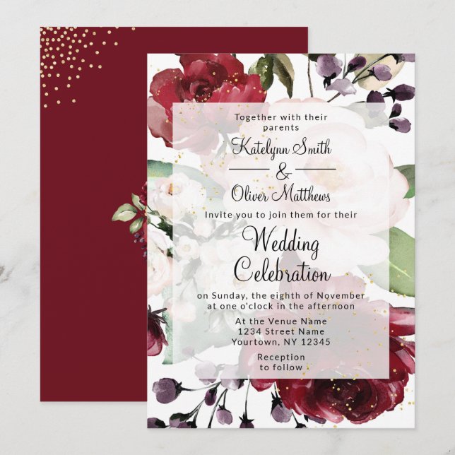 Invitation Elégant Mariage d'aquarelle florale bordeaux & or (Devant / Derrière)