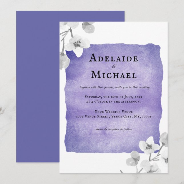 Invitation Élégant Mariage d'aquarelle florale de lavande ble (Devant / Derrière)