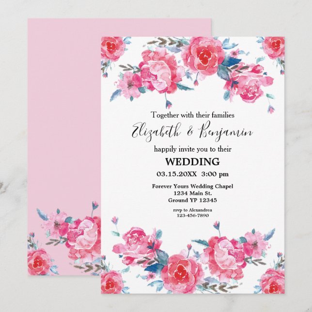 Invitation Élégant Mariage d'aquarelle rose (Devant / Derrière)