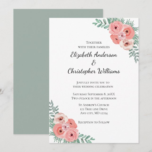 Invitation Élégant Mariage d'aquarelle rose et vert (Devant / Derrière)