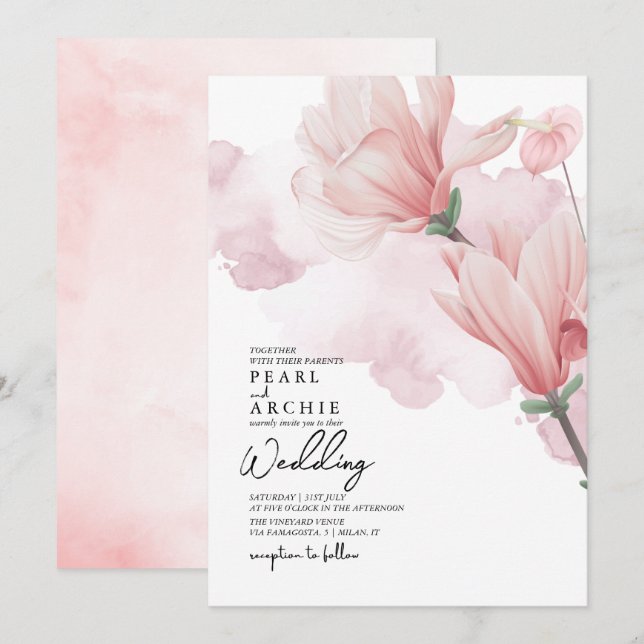 Invitation Élégant Mariage d'aquarelle rose floral Magnolia (Devant / Derrière)