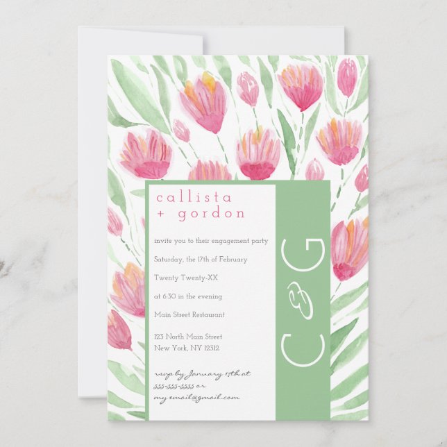 Invitation Élégant Mariage d'aquarelle rose vert Tulip Floral (Devant)