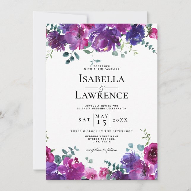 Invitation Élégant Mariage d'aquarelle rose violet (Devant)