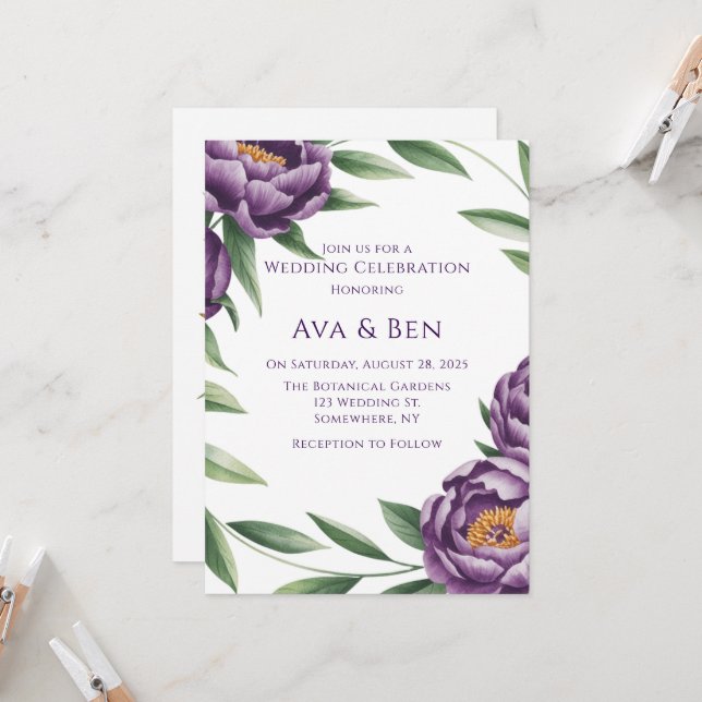 Invitation Élégant Mariage d'aquarelle violet Peonies (Devant/Arrière en situation)