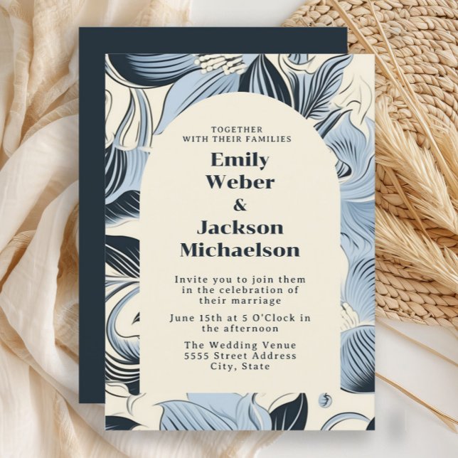 Invitation Elégant Mariage d'arc bleu Dusty de la marine (Navy blue, light lblue, and cream-colored retro style flowers wedding invitation)