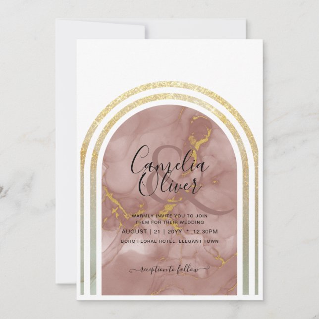 Invitation Élégant Mariage d'arc en or en marbre de terre en  (Devant)