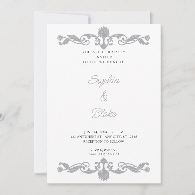 Invitation Elégant Mariage d'argent et d'art déco blanc (Devant)
