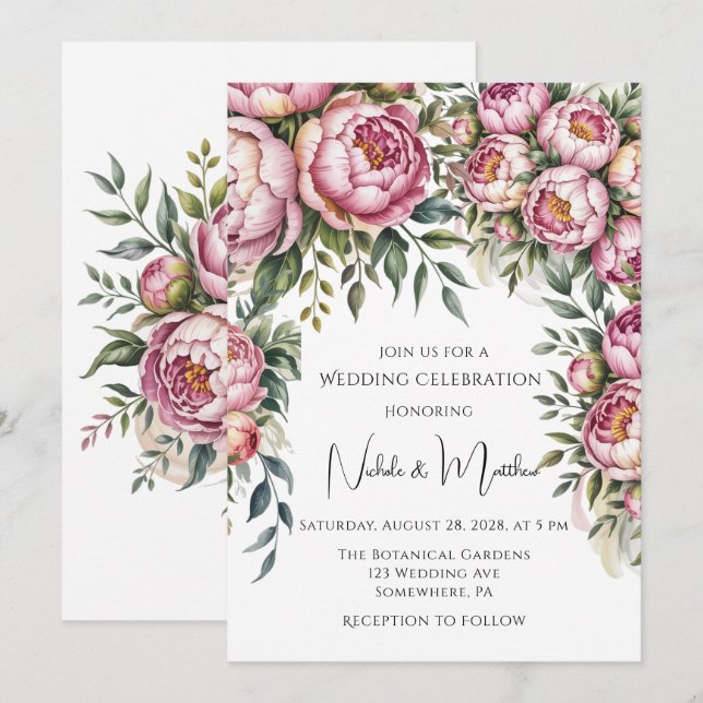 Invitation Élégant Mariage d'arrangement floral Peony (Devant / Derrière)