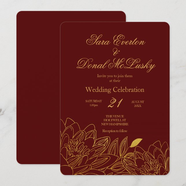 Invitation Élégant Mariage d'automne de Bourgogne et de fleur (Devant / Derrière)