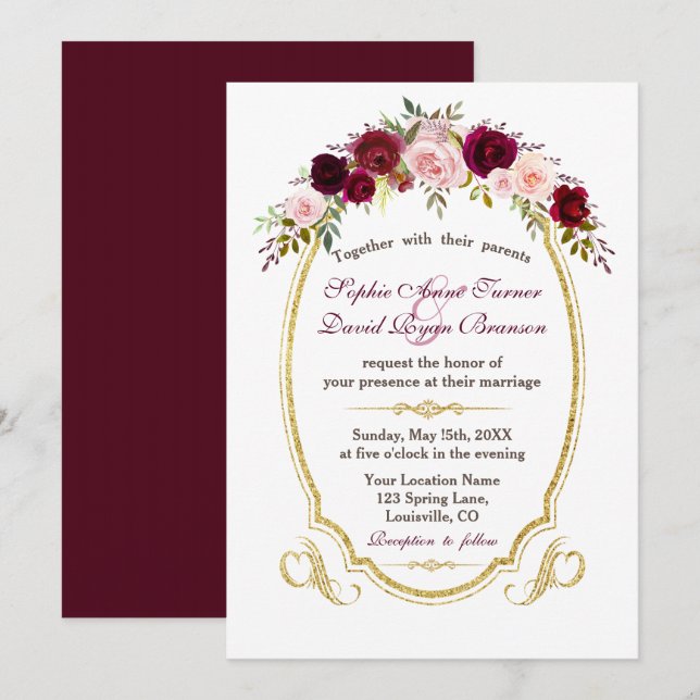 Invitation Élégant Mariage de automne floral de Bourgogne Mar (Devant / Derrière)