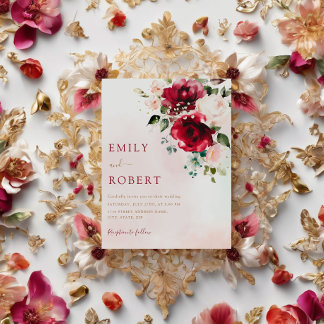 Invitation Elégant Mariage de Boho Floral Bourgogne