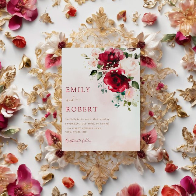 Invitation Elégant Mariage de Boho Floral Bourgogne (Créateur téléchargé)