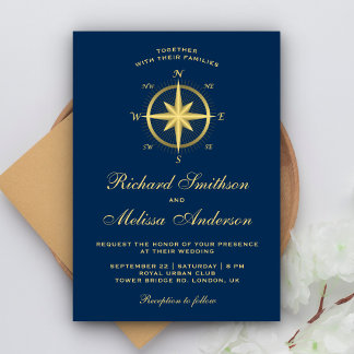 Invitation Élégant Mariage de boussole bleu et or
